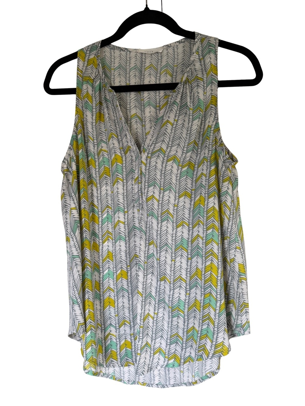 Lush Black White Green Sleeveless V-Neck Blouse with Yellow & Teal Arrow Print